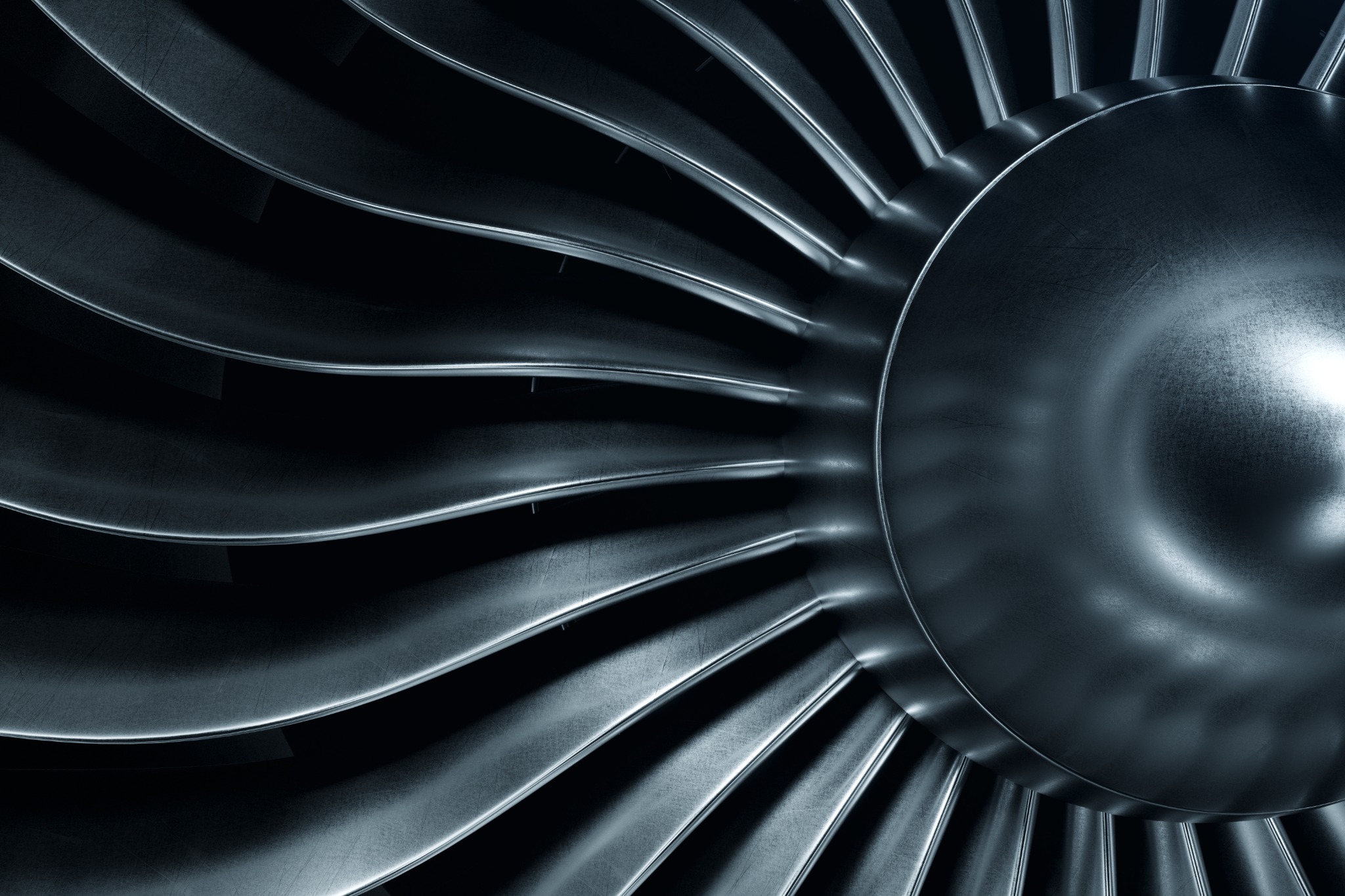 Close-up of aircraft engine turbine blades